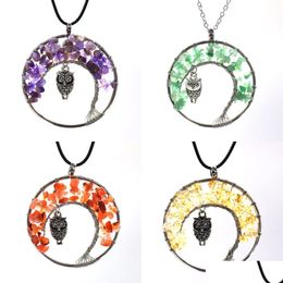 Otros accesorios de moda 11 Colors Mujeres Rainbow 7 Chakra Tree of Life Quartz Owl Colgante Collar Mticolor Sabiduría de piedra natural 101 DHQ1X