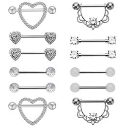 Autres accessoires de mode 12 pièces en acier inoxydable acrylique cristal anneaux de mamelon anneau de langue CZ Barbell HeartShape Piercing bijoux de corps femme 231208