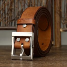 Andere mode-accessoires 3,8 cm dikke koeienhuid zware roestvrijstalen gesp riem retro cowboyriem mannelijke koeienhuid lederen riem voor mannen taille 231011