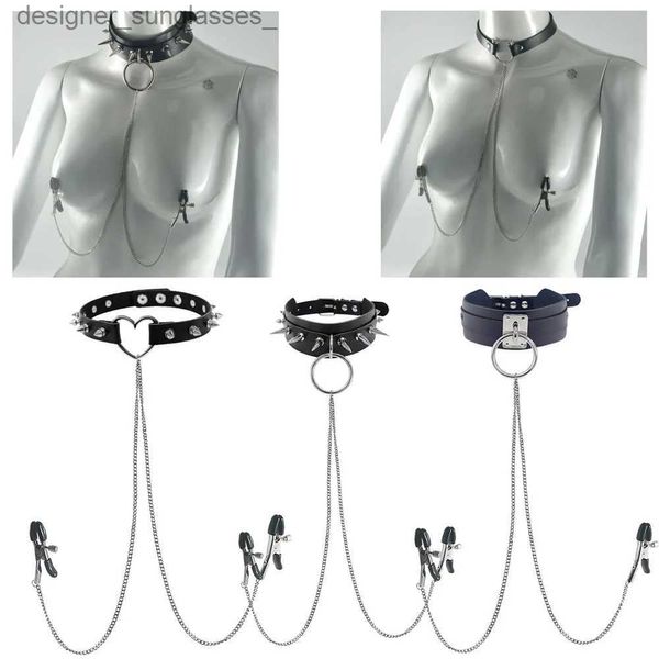 Autres accessoires de mode Anneau de mamelon réglable Collier en cuir Collier ras du cou Clip de mamelon Collier de manchettes Collier en métal non perçant Chaîne de mamelon pour femmes L231215