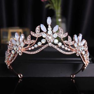 Autres accessoires de mode Baroque luxe perles de cristal rose feuilles diadèmes de mariée couronnes strass reconstitution historique diadème mariée bandeaux accès aux cheveux de mariage J230525