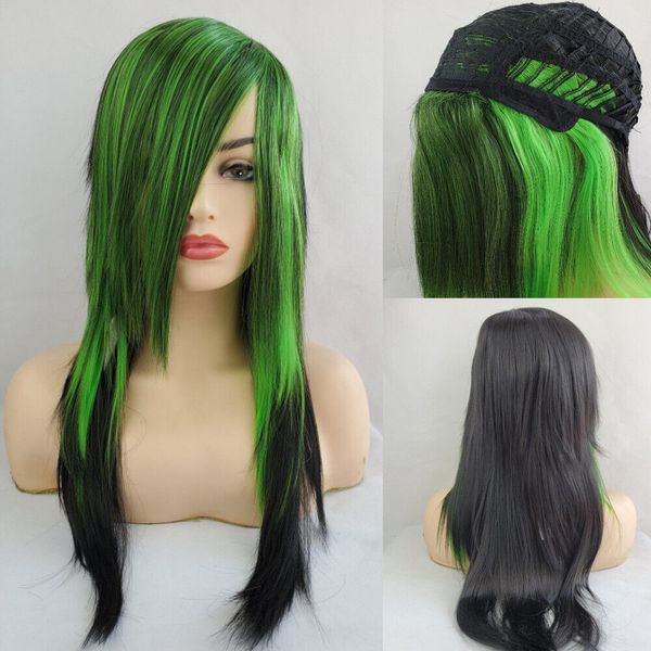 Autres accessoires de mode Belle Cosplay Vert Perruque Synthétique Fibre Cheveux Longue Perruque Droite Ombre Noir Vert Perruques