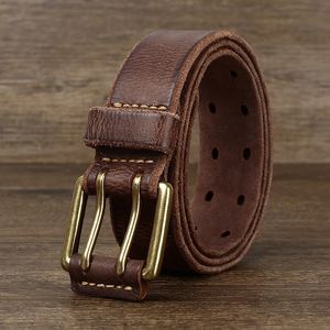 Andere mode-accessoires Riem voor heren Leerwerk Heavy Duty dubbele gespen Dlawed echt leer 3,8 cm mannelijke koperen gesp Retro bruine herenriem 231011