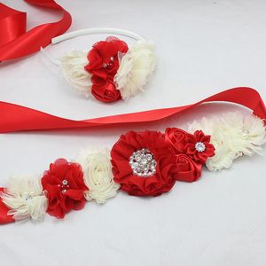 Andere mode -accessoires riemen Red Chiffon Flower Belt Belt Bruidsmeisje Rose Hoofdband Bridal Tule Belt Jurk Jurk Sash Girl Dress Hair Accessories 230814