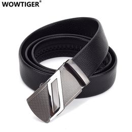 Otros accesorios de moda cinturones wowtiger plateado color metal de lujo hebilla automática hombres cinturón de alta calidad cuero negro de alta calidad para hombres de 35 cm de ancho 230814