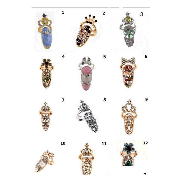 Otros accesorios de moda Bowknot Nail Ring Charm Crown Flower Crystal Anillos de dedo para mujer Lady Rhinestone Uña protectora Dhxhf