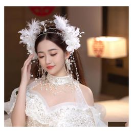 Otros accesorios de moda Tocados de novia 2023 Super Immortal Feather Crown Hair Tassel Set High End Temperament P Ography Jewelry Dr Otdof