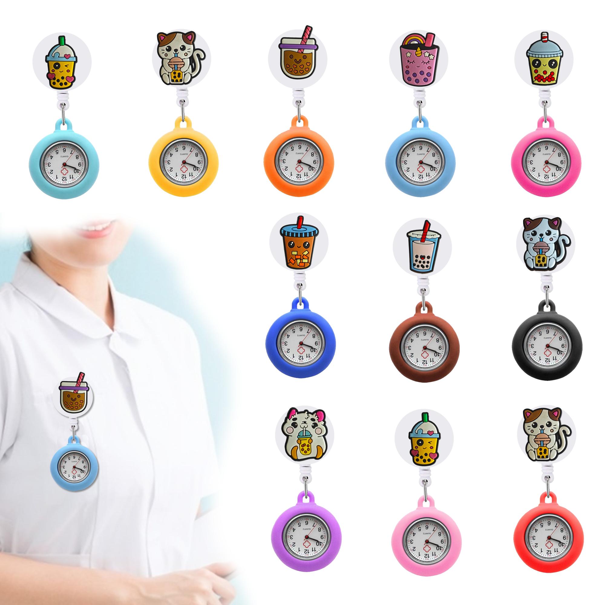 Outros acessórios de moda desenho animado leite xícara de chá 8 clipe de bolso relógios aligator hang hang relógio presente relógio para enfermeiros médicos otnzf