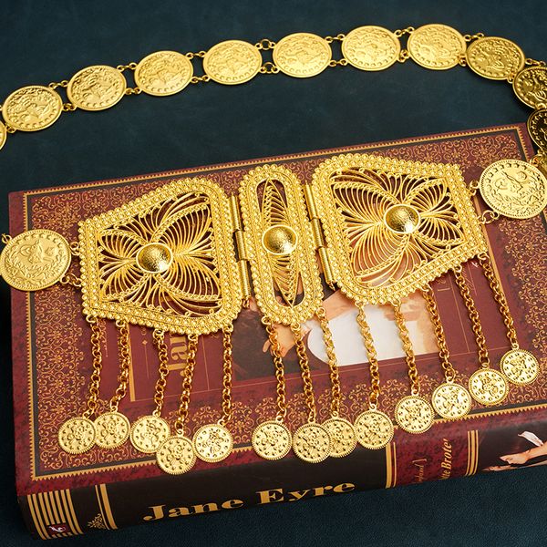 Otros accesorios de moda Cinturones de boda étnicos Chapado en oro Joyería de monedas turcas Cadenas para el cuerpo Joyería nupcial de lujo Borlas Cinturón de caftán Túnica Boda 230731