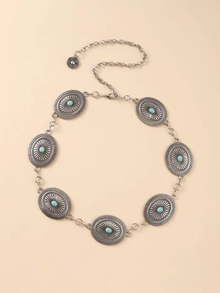 Otros accesorios de moda Moda Aleación de plata antigua Conchos ovalados florales occidentales con cinturón de cadena de mujer turquesa 231020