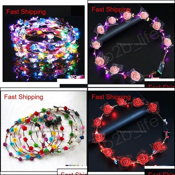 Autres accessoires de mode Clignotant LED Bandes de cheveux Cordes Glow Fleur Couronne Bandeaux Light Party Rave Floral Guirlande Lumi Bdehome Ot9U8