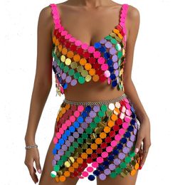 Autres accessoires de mode IngeSight.Z Sexy coloré disque paillettes soutien-gorge corps chaîne pour femmes mode évider haut jupe Festival Rave fête bijoux de corps 230630