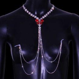 Autres accessoires de mode Strass de luxe non perçant collier de chaîne de mamelon de papillon rouge pour femmes Bo bijoux cristal sexy Bo chaîne de poitrine BikiniL231215