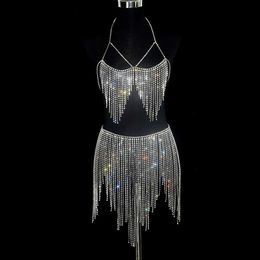 Outros acessórios de moda Luxo Brilhante Strass Biquíni Sutiã Bo Chain Mulheres Sexy Top Tassel Saia Barriga Cintura Cadeia Vestidos de Festa de Dança JóiasL231215