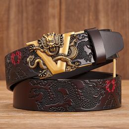 Andere mode -accessoires mannelijke China Dragon Belt Cowskin Echte lederen riem voor mannen snijden Dragon Patroon Automatische gesp riemriem voor jeans 230613