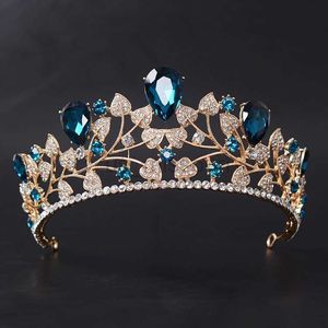 Andere mode -accessoires Nieuwe aankomst Magnificent Blue Red Red Rainestone Bridal Crown Tiaras Fashion Golden Diadeem For Women Wedding Hair Accessories Jood J230525