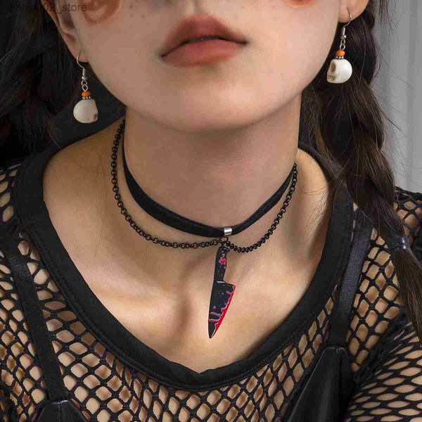 Autres accessoires de mode Nouveau gothique punk sanglant couteau tranchant pendentif collier court pour femmes mode rétro Halloween claviculaire ras du cou bijoux cadeau Q231011