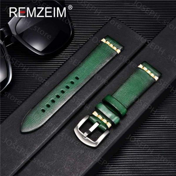 Autres accessoires de mode Remzeim qualité bracelet de montre en cuir véritable 18mm 20mm 22mm 24mm mode vert montre accessoires bracelet de montre avec bouton solide J230413