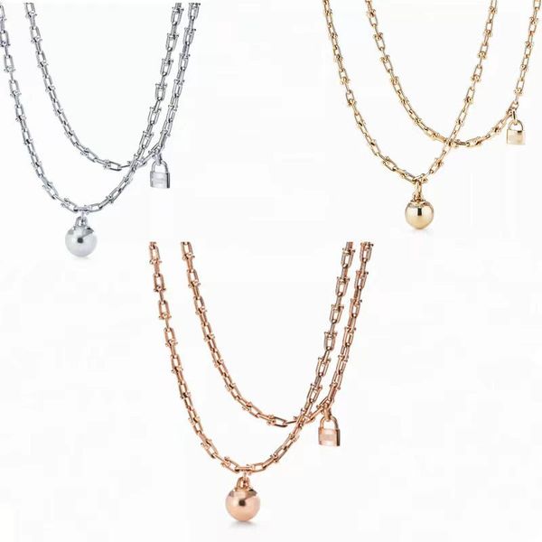 Autres accessoires de mode Colliers unisexes 925 Silver Double Ushoed Chain Round Ball Lock Pendant Pendant Gold-plaqué