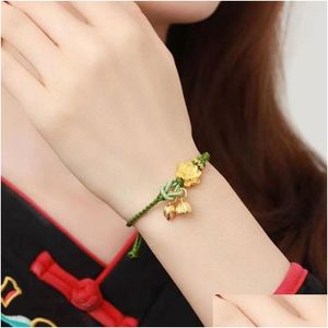 Andere mode-accessoires Two Lives Of Joy Golden Lotus Pedunum Transfer Bead Bracelet Dames Handgeweven Puur goud Valentijnsdag Dro Dh1Lz