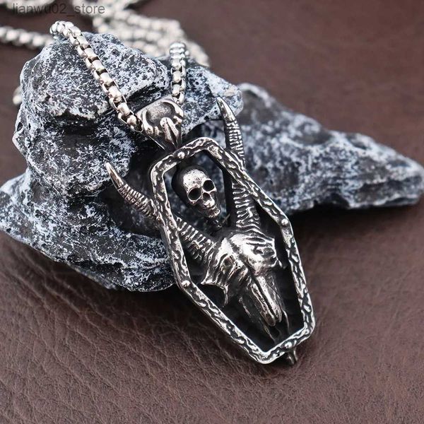 Otros accesorios de moda Vintage Thriller Skull Collar para hombre Gótico Acero inoxidable Satanás Cabra Colgante Lucifer Pagan Amuleto Único Joyería de Halloween Q231011