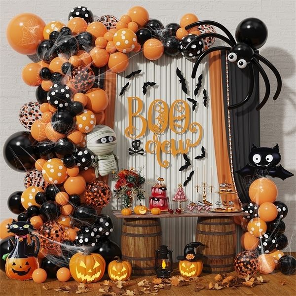 Autres fournitures de fête de fête 128pcs bricolage orange noir Halloween ballon guirlande arc chat chauve-souris citrouille momie ballons ballons boo décorations 220905