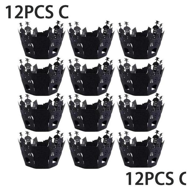 Autres Fournitures De Fête De Fête 12 Pcs Halloween Décoration Cupcake Wrapper Coupe Muffins Horreur Citrouille Sorcière Chauve-Souris Gâteau Toppers Pour La Maison Dh4Zb