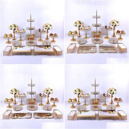 Autres fournitures de fête festive 14pcs Crystal Metal Cake Stand Set Acrylique Miroir Cupcake Décorations Dessert Piédestal Display Drop Deliv Dh4Qw