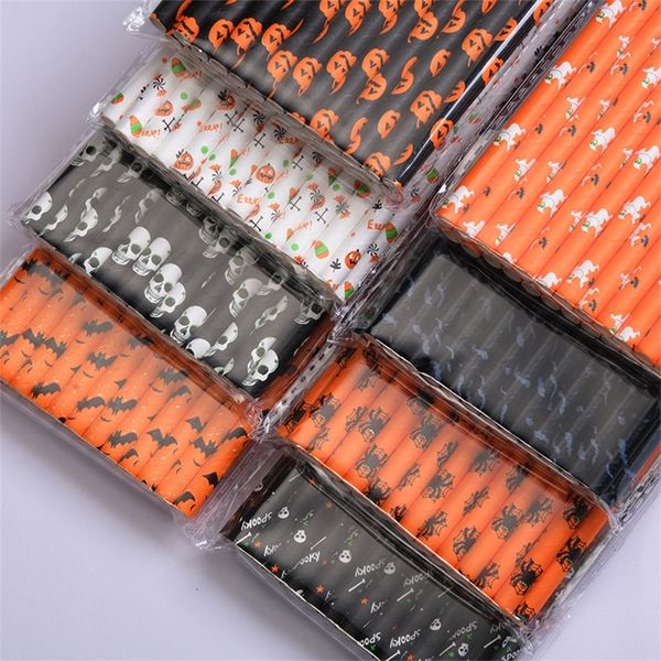 Autres fournitures de fête de fête 25pcs Halloween pailles de papier à boire citrouille chauve-souris toile d'araignée squelette motif de sorcière décoration 220826