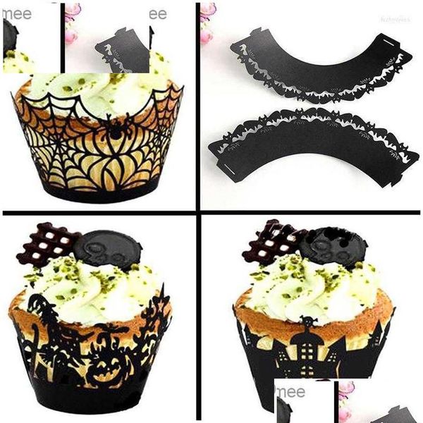 Autres fournitures de fête festive 50pcs / pack décorations d'Halloween cupcake wrappers enveloppes cas creux laser coupe gâteau décoration gadgets Z2 Dhxg3