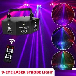 Autres fournitures de fête festives 9-Eye RVB Disco DJ Lampe DMX Télécommande Strobe Stage Light Halloween Barre de Noël LED Laser Proje Dhjyk