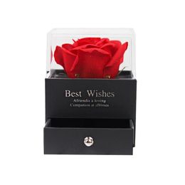 Autres fournitures de fête de fête savon artificiel Rose fleur acrylique boîte à bijoux avec sac fourre-tout pour cadeau de Saint Valentin préservé Etern Dhawi
