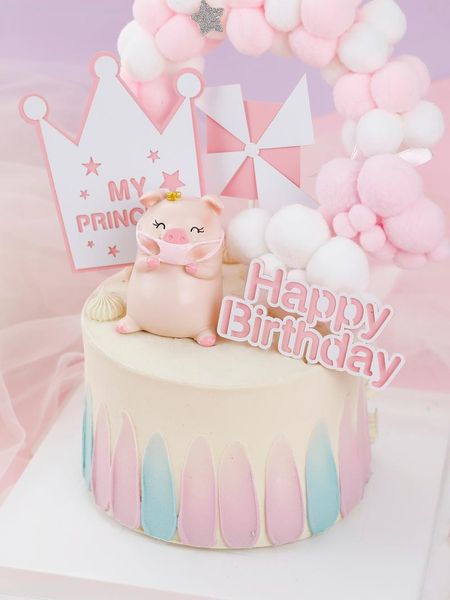 Otros suministros festivos para fiestas Baby Showers Dibujos animados Rosa Cerdo lindo Molino de viento Pastel Topper Tarjetas Postre Niño Corona Feliz cumpleaños Escena Decora