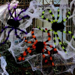 Otros suministros festivos para fiestas Araña negra Araña de peluche Halloween Scary Black Spider Net Spiderweb Fiesta de Halloween Prop Decoración Casa embrujada Decoraciones para el hogar L0823