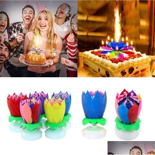 Autres fournitures de fête festives Blossom Rotating Musical Bougie Lotus Fleur Joyeux anniversaire Art Lumières pour bricolage gâteau décoration enfants G Dhbxs