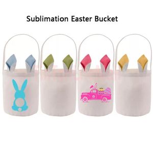 Autres fournitures de fête festives Lapin Panier de Pâques DIY Sublimation Jouet Sac de rangement de bonbons avec poignée Polyester Lapin Oreille Sacs cadeaux Dhegq