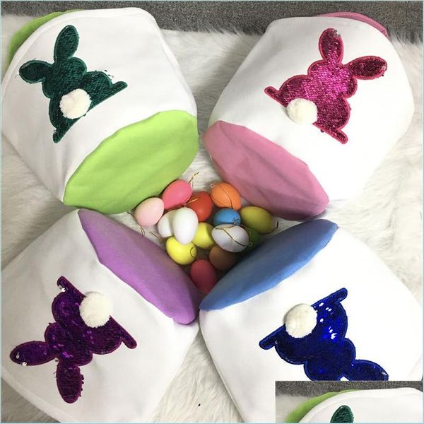 Otros artículos festivos para fiestas Conejito Cesta de Pascua 4 colores Lona Lentejuelas Cubo de conejo reversible Bolsa de almacenamiento de huevos de caramelo para niños con R Dhbij