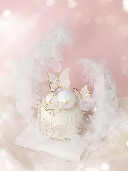 Autres fournitures de fête de fête papillons plumes en mousseline de soie lune bateau fille dentelle fleur acrylique gâteau Topper joyeux anniversaire décoration de mariage