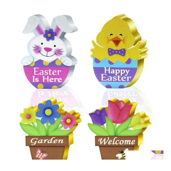 Autres fournitures de fête de fête Signe de table en bois de Pâques Happy Chicken Bunny Décoration de table en forme de fleur Drop Delivery Home Dhojy