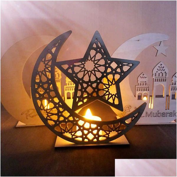 Autres fournitures de fête festive Eid Mubarak Pendentif en bois Ramadan Décoration LED Bougies Lumière Lune Étoile Artisanat Décor pour la maison Al Ad Dh1Aq