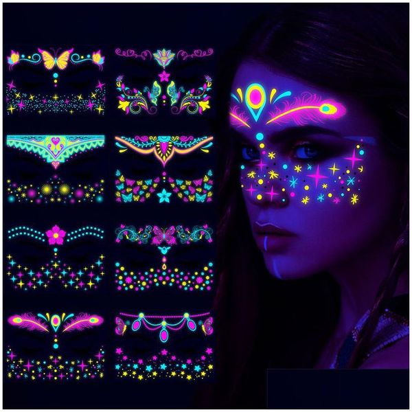 Otros suministros festivos para fiestas Festival Tatuajes fluorescentes Halloween Mariposa Pegatinas faciales impermeables Temporal Mascarada de neón T DHLDV