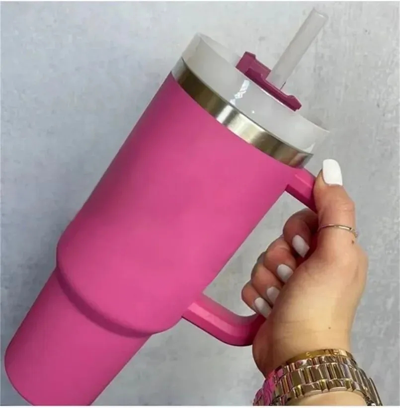 40oz stainless steel tumblers Cups with handle lid and straws Hot Pink Car mugs powder coating outdoor tumbler vacuum insulated drinking water bottles With Logo