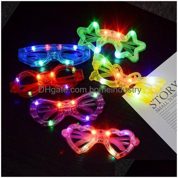 Otros suministros de fiesta festivos parpadeantes luz LED gafas de sol plástico redondo estrella corazón mariposa araña diseño niños juguete ojo vidrio ojo Dhrzn