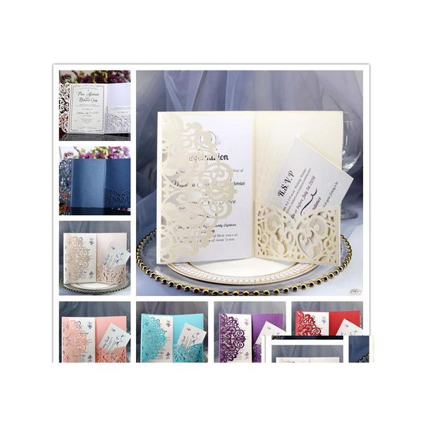 Autres fournitures de fête de fête Kits de cartes d'invitation de mariage scintillantes Fleur de printemps Carte de mariée de poche découpée au laser pour fiançailles Grad Dhn0R