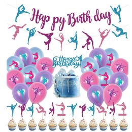 Autres fournitures de fête festive thème de gymnastique décoration d'anniversaire ballons heureux bannière gâteau Topper ensemble fille sport scènes décor 230504