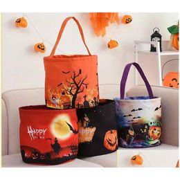 Autres fournitures de fête festive Seau de bonbons d'Halloween avec panier de lumière LED Sacs de bonbons ou de friandises Sac fourre-tout réutilisable Paniers-cadeaux de citrouille F Dhhhn