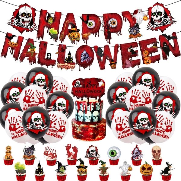 Autres fournitures de fête festive Fournitures de décoration de fête d'Halloween Bloody Handprint Skull Balloon Cake Topper Drapeau Fond All Hallows 'Day Boy Trick or Treat 220905