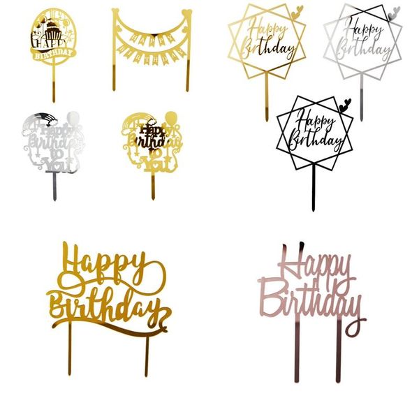 Otros suministros para fiestas festivas decoración de pastel de feliz cumpleaños bebé acrílico dorado familia Topper niño niña hornear Cupcake