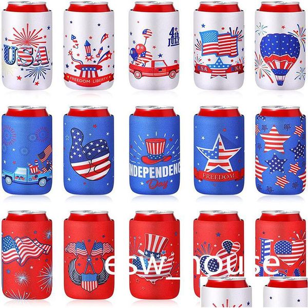 Autres fournitures de fête Fête de l'Indépendance Cola Bière Can Insator Sleeve Jy 4Th Bouteille Pliable Néoprène Drink Cooler Sleeves Dhuog