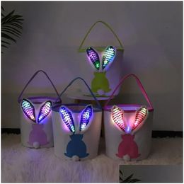 Autres fournitures de fête de fête LED LED FLIGNAGE LUMINE LALIN BUNNY PASSER PASSE DE PASSAGE Sacs de sac à main Rabbit Hunt Toard Tote Cotton Bucket avec OTNPN